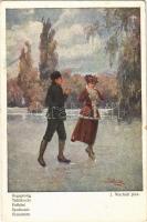 1919 Begegnung / Találkozás / Recontre / Romantic couple art postcard, ice skate, winter sport s: J. Wachutt (EK)