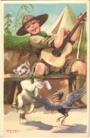 A cserkész vidám és meggondolt. Cserkész levelezőlapok kiadóhivatala / Hungarian boy scout art postcard s: Márton L. (gyűrődés / crease)