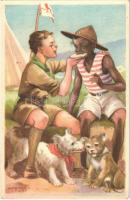 A cserkész minden cserkészt testvérének tekint. Cserkész levelezőlapok kiadóhivatala / Hungarian boy scout art postcard s: Márton L.