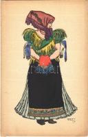 Matyó menyecske (Mezőkövesd), magyar népviselet / Hungarian folklore art postcard. Orbis Pictus Hungaricus. 8.  s: Horváth Jenő (EK)