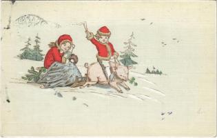 1910 Christmas and New Year greeting art postcard, children with pig, sled, champagne and clover