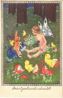 Szívélyes húsvéti üdvözlet! / Easter greeting art postcard, rabbit with fairy and chicken. PG. W.I. 507-2. s: HMS (EB)