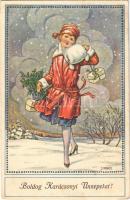 1928 Boldog Karácsonyi Ünnepeket! / Christmas greeting art postcard, lady with gifts. B.K.W.I. 3237-3. s: J. Kränzle (EK)