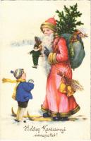 1937 Boldog Karácsonyi Ünnepeket! / Christmas greeting art postcard, Saint Nicholas on ski with gifts (EK)