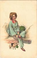 New Year greeting card, lady with pig and clover. litho (EK)