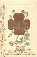 1904 Szívből üdvözlöm / greeting card with clover. Emb. litho (EK)