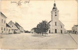 1906 Donja Stubica, Fő tér, templom, üzlet / main square, church, shop + CSÁKTORNYA - ZÁGRÁB 65. SZ. vasúti mozgóposta bélyegző (fa)