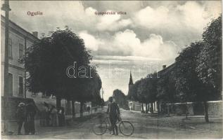 Ogulin, Gospodska ulica / Úri utca, templom, férfi kerékpárral. Stipan Testvérek kiadása / street view, church, man with bicycle