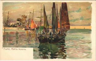 Fiume, Rijeka; Porto Nuovo / new port, steamship, fishing boats. Kuenstlerpostkarte No. 1142. von Ottmar Zieher Kunstanstalt. litho s: Raoul Frank