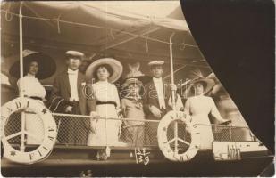 1912 Abbazia, Opatija; hajózás az ALMÁDI (Magyar Horvát Tengeri Gőzhajózási RT.) egycsavaros tengeri személyszállító gőzhajón (Salondampfer) / cruising on the ALMÁDI sea passenger steamship of the Hungarian-Croatian (Ungaro-Croata) steamship company. Fotograf. Atelier Betty (Abbazia) photo (EK)