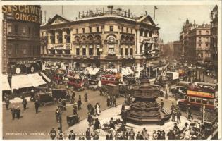 1928 London, Piccadilly Circus, autobuses, automobiles, shops (EK)