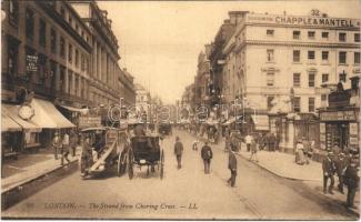 London, The Strand from Charing Cross, shops, horse-drawn carriages