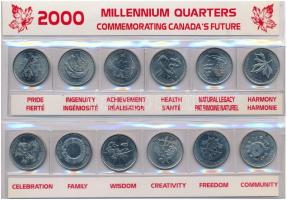 Kanada 2000. 25c Ni (13xklf) Milleniumi negyeddollárosok forgalmi emlékkiadások fóliatokban T:1 Canada 2000. 25 Cents Ni (13xdiff) Millenium Quarters commemorative issues in foil packaging C:UNC