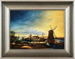 Jelzés nélkül: Holland szélmalom a tengerparton. Zománcfesték, porcelán lap. Fa keretben. 17,5x24,5 ...
