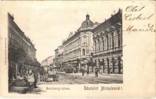 1904 Miskolc, Széchenyi utca, villamos, Nemzeti szálloda, üzletek. Ferenczi B. kiadása (EK)