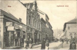 1925 Pécs, Irgalmasok utcája, Hirschler és Köszl János üzlete, Vilma Cukorkagyár, gyógyszertár