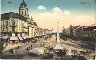 1915 Arad, Andrássy tér, emlékmű, Központi divatáruház, piac, automobil, Sas reklám. Vasúti levelezőlapárusítás 34. sz. / square, market, monument, shops, automobile (EK)