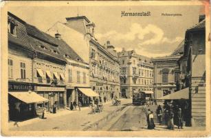 1909 Nagyszeben, Hermannstadt, Sibiu; Disznódi utca, villamos, I. Vogelsang, illatszertár, Három Tölgy sörfőzde / Heltauergasse, Drei Eichen Bräu / street, shops, tram, üzletek, perfumery, (EK)