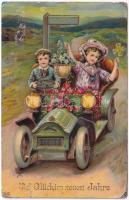 Viel Glück im neuen Jahre / New Year greeting, children in automobile. Floral, litho (szakadás / tear)