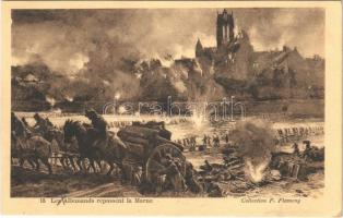 Les Allemands repassent la Marne / WWI French military art postcard, German soldiers. Collection F. Flameng