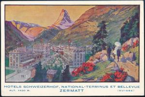 cca 1900 Zermatt, Svájc, Hotels Schweizerhof háromnyelvű reklámkártya