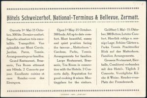 cca 1900 Zermatt, Svájc, Hotels Schweizerhof háromnyelvű reklámkártya