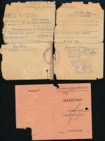 1945 Zsidó deportált Szegedre szóló kettészakadt utazási igazolványa, rajta a DEGOB bélyegzőjével + 1944 hiányos igazolvány izraelta hadiüzemi alkalmazott részére