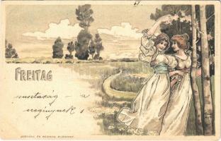 Freitag / Friday. Lady art postcard. Szénásy és Reimann. Verlag v. M. Kimmelstiel & Co. Art Nouveau, litho s: H. Fründt (fl)