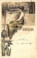 Dienstag / Tuesday. Lady art postcard. Szénásy és Reimann. Verlag v. M. Kimmelstiel & Co. Art Nouveau, litho s: H. Fründt (fl)
