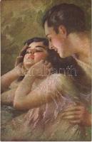 1921 Romantic couple, slightly erotic Italian lady art postcard. Serie 1028-3.