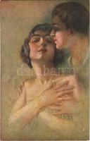 1921 Romantic couple, slightly erotic Italian lady art postcard. Serie 1028-1.