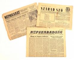 1956 Vegyes 1956-os újság tétel, 3 db: Szabad Szó, 1956. okt. 31., 2 p., Népszabadság, 1956. nov. 13., I. évf. 8. sz., alhúzásokkal, 2 p., Népakarat. I. évf. 40., 1956. dec. 30., szakadozott, körbevágott, 4 sztl. lev., változó, nagyrészt szakadozott állapotban.