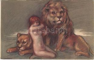 Nude lady with lions. Italian slightly erotic art postcard. Uff. Rev. Stampa 18-4. s: Zandrino (EK)