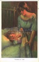 1919 Tucking in time. Lady with child art postcard. Reinthal & Newman Pubs. No. 450. s: Alfred James Dewey