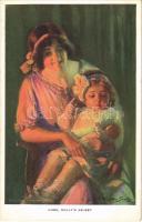 Hush, Dollys asleep. Lady with child art postcard. Reinthal & Newman Pubs. No. 453. s: Alfred James Dewey