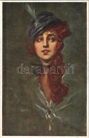 1920 Tanulmányfej / Studienkopf / Head study. Hungarian lady art postcard. Magyar Rotophot Társaság No. 75. s: Kiss Rezső