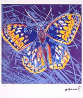 Andy Warhol (1928-1987): Pillangó / Butterfly. Litográfia, papír. Sorszámozott 84/100 jelzett a nyomaton. Georges Israel editeur szárazpecséttel is jelzett, hozzá tanúsítvány. Lithography with attest 38,3x56,3 cm