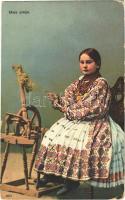 1917 Mala prelja / Horvát népviselet, fonó lány / Croatian folklore, girl with spinning wheel (EK)