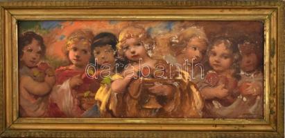 Veress Zoltán (1868-1935): Hét angyalka. Olaj, vászon, jelzett, erős kopásokkal 43x90 cm