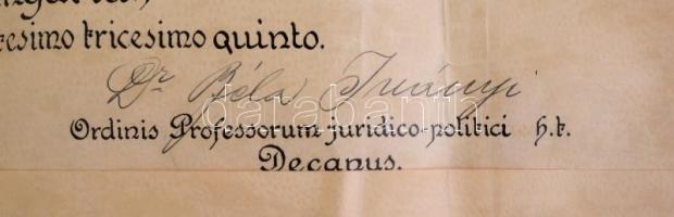 1934 Ferenc József Tudományegyetem jogász diploma (szakadással) magyar címeres viaszpecsét fa tokban...