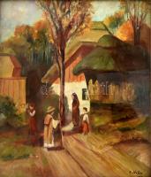 R Stefan 1964 jelzéssel: Falusi utcán (Románia, Erdély?). Olaj, vászon. Üvegezett, sérült fa keretben. 34,5x30 cm