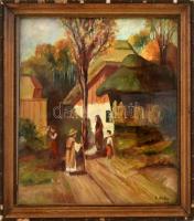 R Stefan 1964 jelzéssel: Falusi utcán (Románia, Erdély?). Olaj, vászon. Üvegezett, sérült fa keretbe...