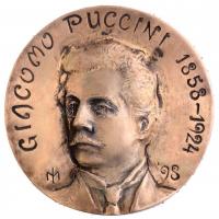 Marosits István (1943-) 1998. Giacomo Puccini 1858-1924 Br emlékplakett vékony bőr talapzaton (130mm) T:1- halvány patina