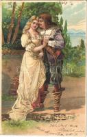 1907 Romantic couple, lady art postcard. Emb. litho