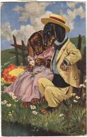 1921 Romantic couple, Dachshund dogs. T.S.N. Serie 949. (6 Dess.) s: Arthur Thiele (EK)