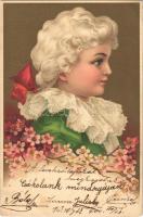 1900 Baroque child art postcard. Floral, litho