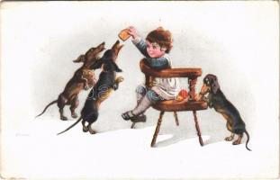 1917 Child with Dachshund dogs and cheese. 508/1. s: Fialkowska (EK)