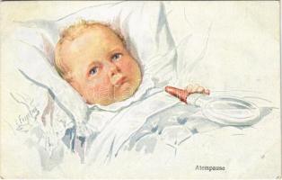 1922 Atempause / Children art postcard. B.K.W.I. 977-3. s: K. Feiertag