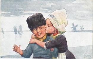 Romantic couple. Children art postcard. B.K.W.I. 725/5. s: K. Feiertag