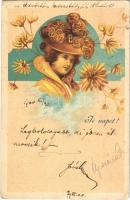 1900 Jó napot! / Greeting card with lady. Floral, litho (szakadás / tear)